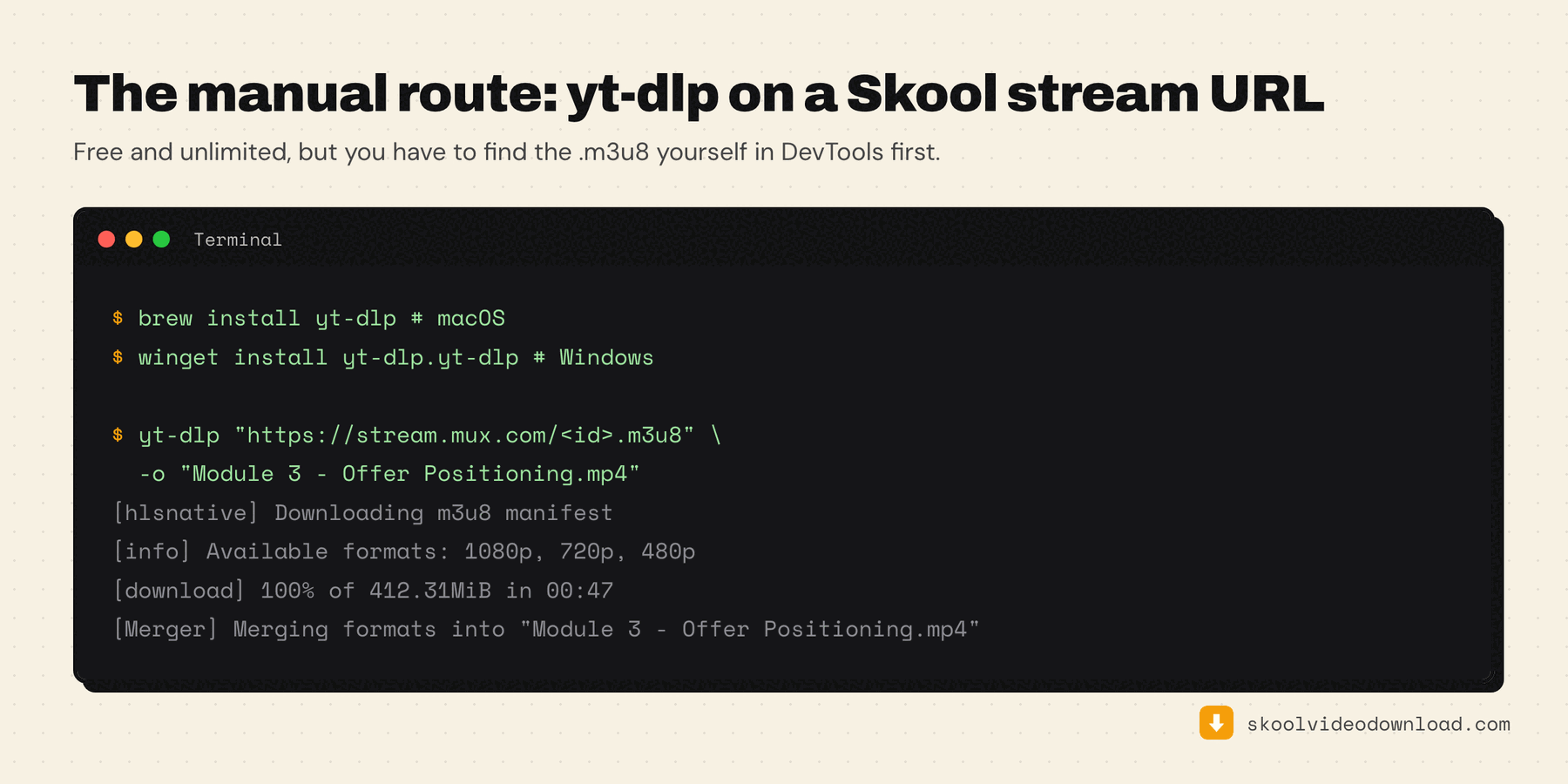 Downloading a Skool video with yt-dlp: installing it with brew or winget, then running yt-dlp against the lesson's .m3u8 stream URL